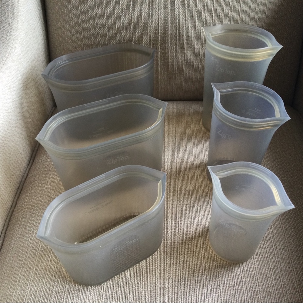 Zip Top Reusable Platinum Silicone Food Storage Containers Grey 3 bowls 3 cups